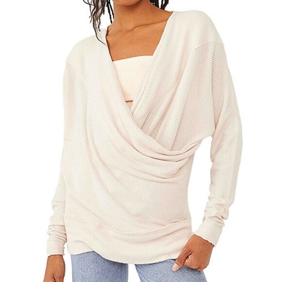 NEW Free People Cozy With You Wrap Drape Front Super Soft Ribbed Knit Sweater S - Picture 2 of 6